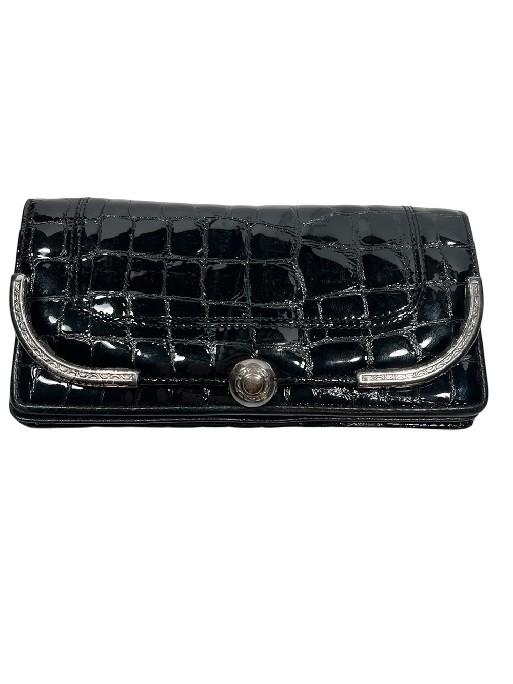 Vtg Brighton Womens Wallet Patent Crocodile Print Snap Flap Card Slot